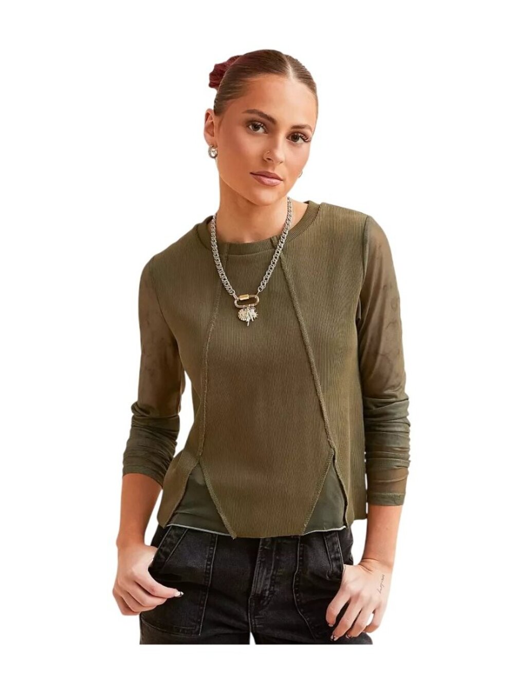 Gilded Intent Exposed Seam Top Medium Ribbed Crew Long Sleeve Olive Night Grunge